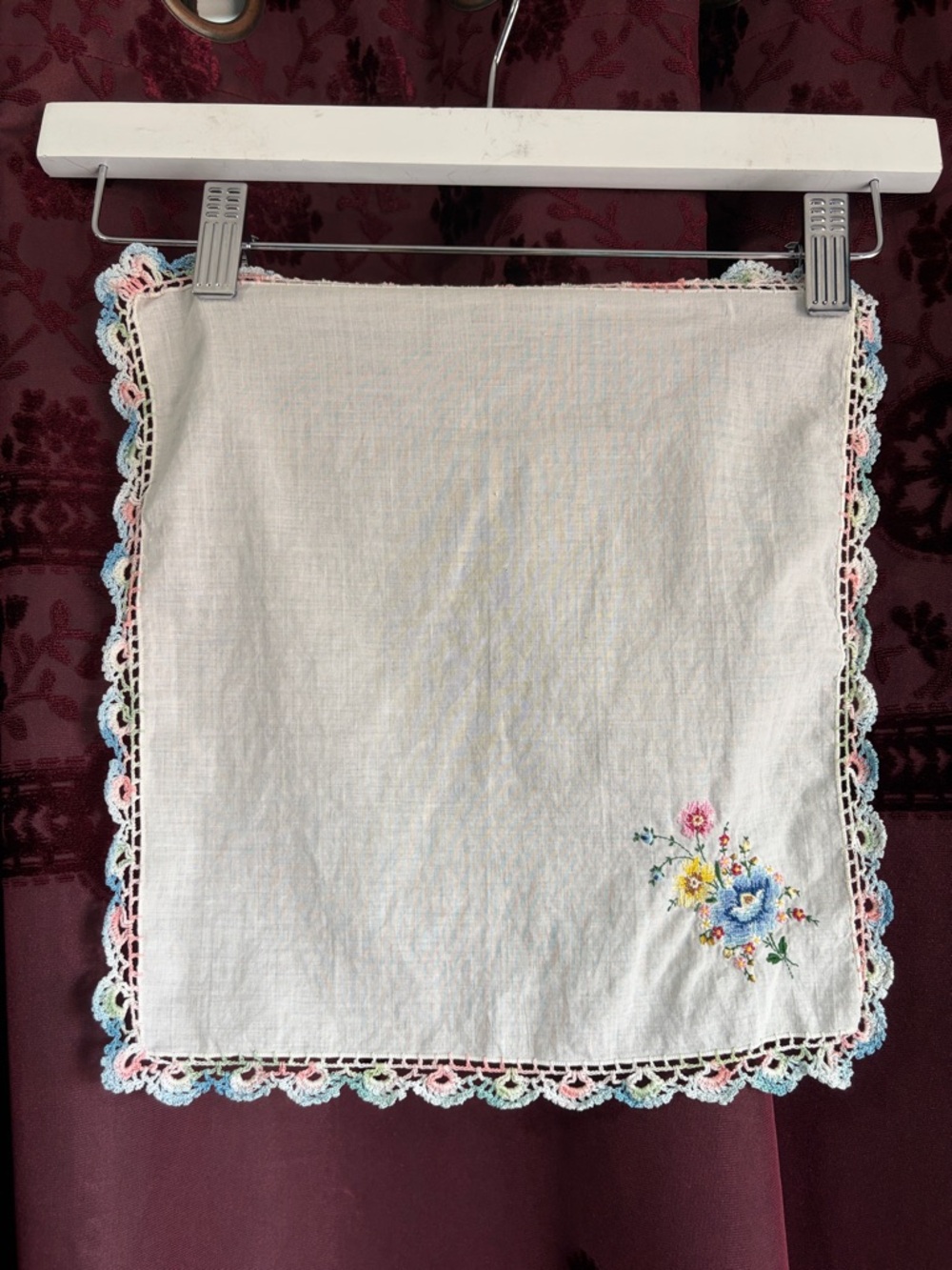 Hand-Embroidered Cotton Handkerchief with Crochet Edge